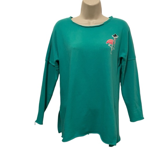Crown and Ivy Flamingo Sweatshirt Top Teal Beach Size Small So Cute! - Picture 1 of 9